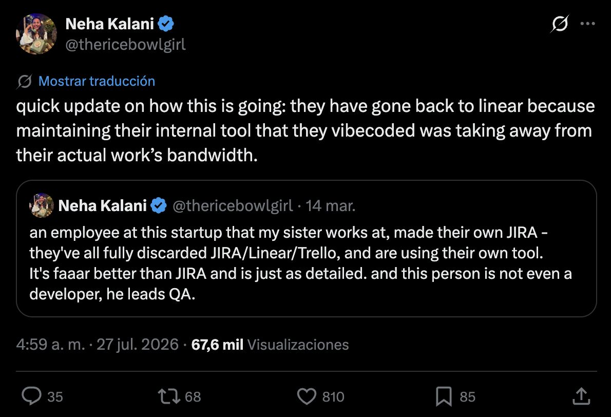 Post describing a team returning to Linear because maintaining its internally built tool consumed work bandwidth