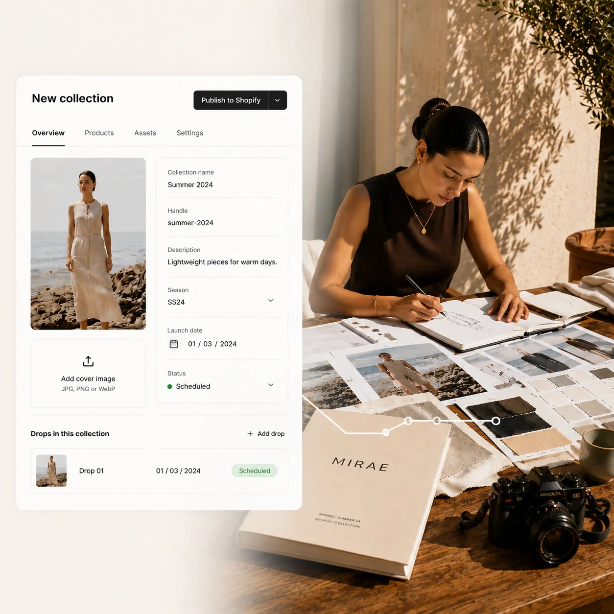 Fashion collection planning workspace connected to a Shopify-native PIM interface for managing seasonal launches and product drops.