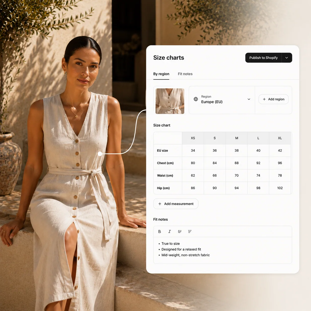 Fashion garment linked to a Shopify-native PIM interface for managing regional size charts and sizing information across markets.