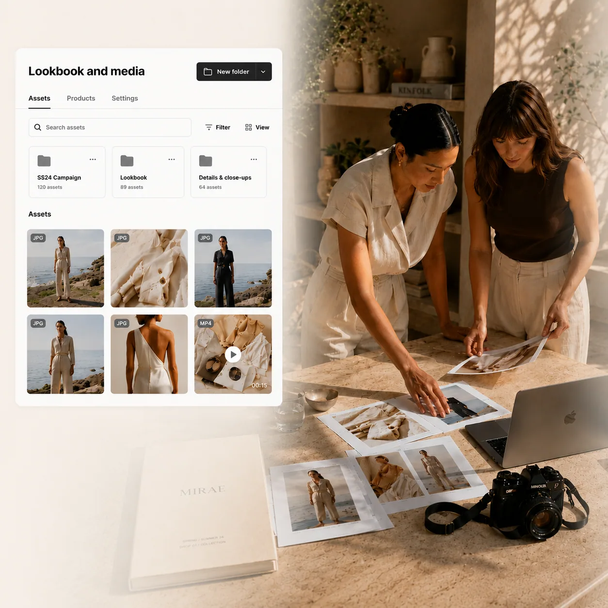 Fashion lookbook assets and product photography organized in a Shopify-native PIM, with media files managed and assigned across an entire catalog.