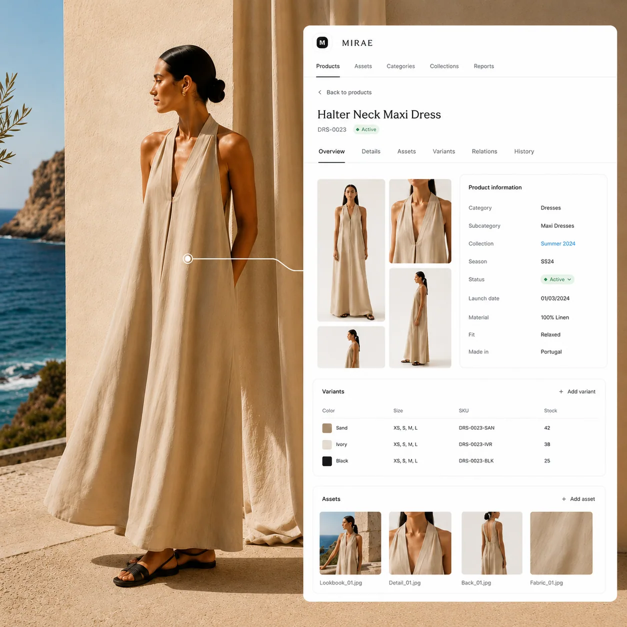 Fashion product data managed in a Shopify-native PIM, connecting product information, variants, collections and media for fashion brands.